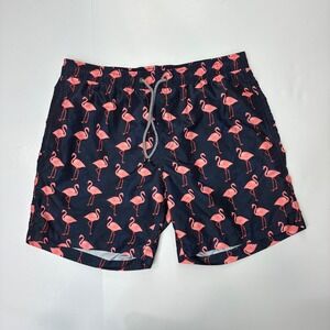 Maamgic Mens Flamingo Print Swim Trunks Navy Blue Pink Mesh Lined Shorts Small